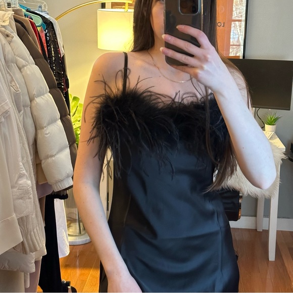 NWT Charo Ruiz Black Mini Dress w/ Ostich Feather Trim Sz L - Picture 2 of 8
